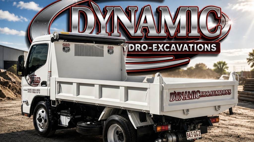 Branded Dynamic tipper truck on a work site showing door and body signage